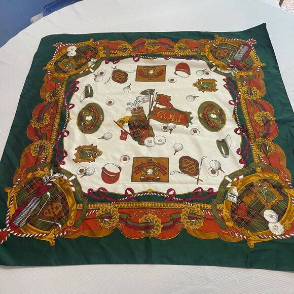 Vintage Golf Theme Scarf Square Polyester Made in Italy Golf Clubs - Picture 1 of 8